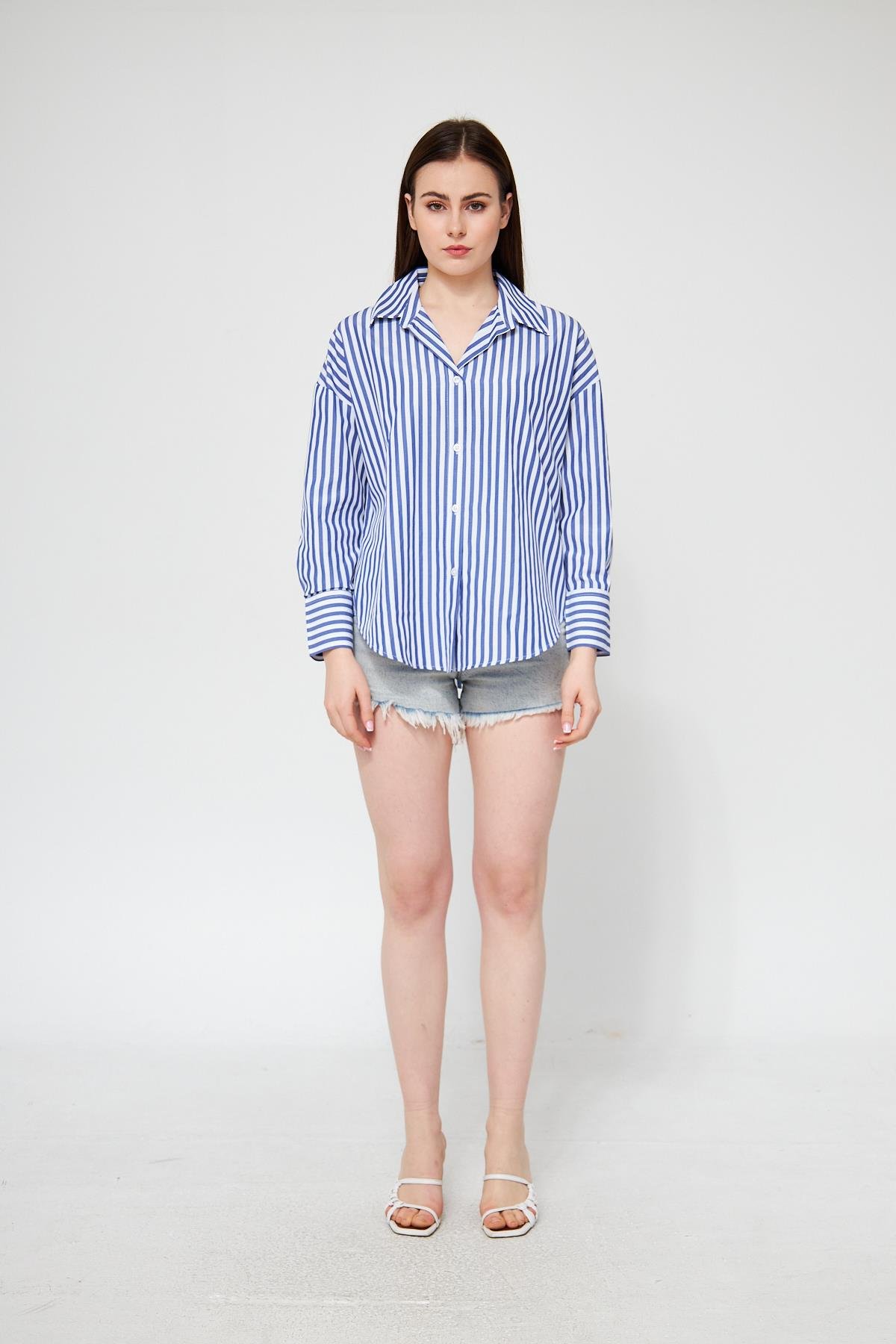 Camenta Mavi Beyaz Çizgili Poplin Gömlek