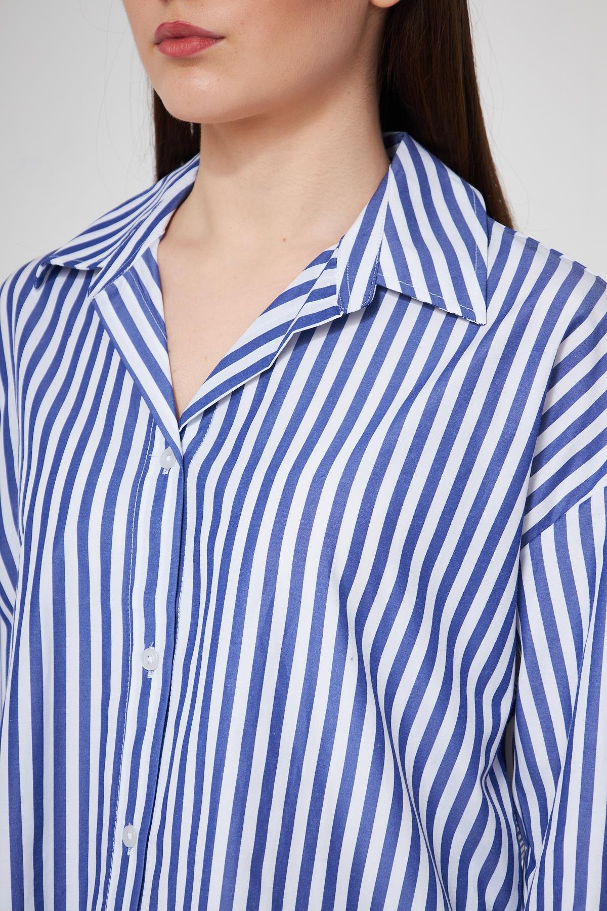 Camenta Mavi Beyaz Çizgili Poplin Gömlek