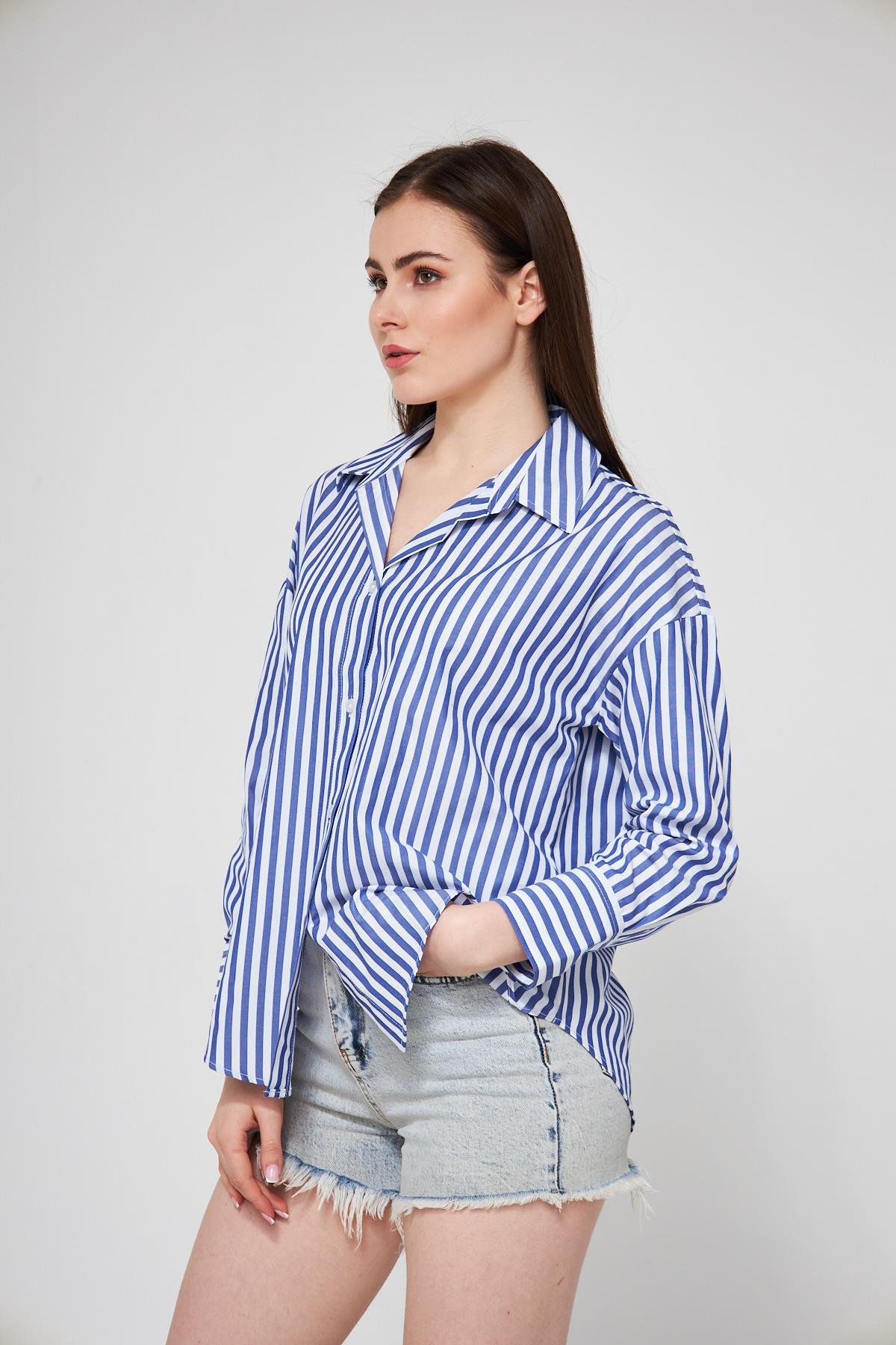 Camenta Mavi Beyaz Çizgili Poplin Gömlek