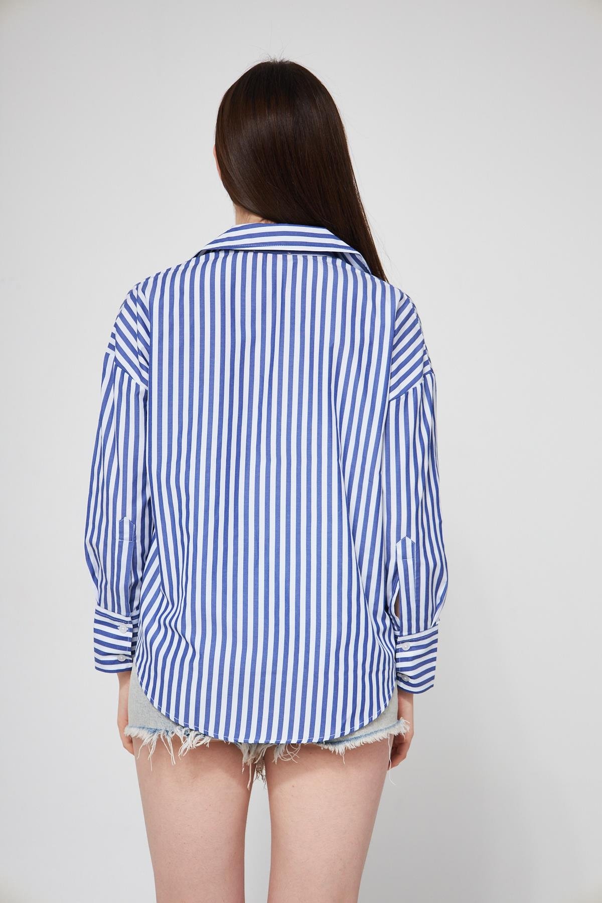 Camenta Mavi Beyaz Çizgili Poplin Gömlek