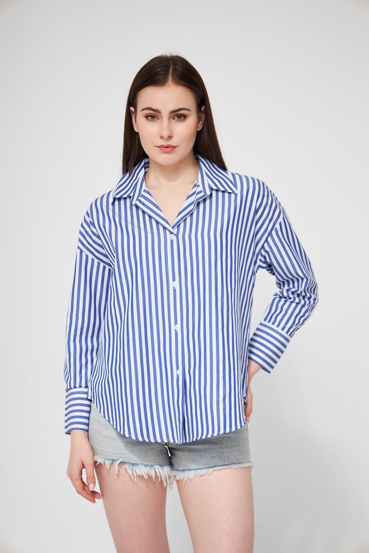 Camenta Mavi Beyaz Çizgili Poplin Gömlek