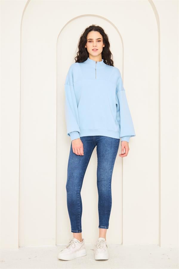 Camenta Mavi Dik Yaka Fermuarlı Kadın Sweatshirt
