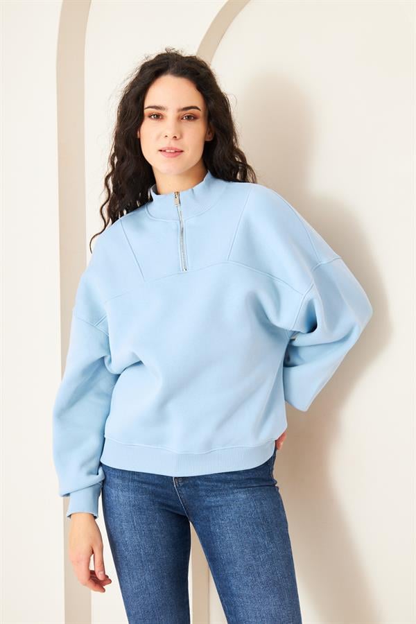 Camenta Mavi Dik Yaka Fermuarlı Kadın Sweatshirt