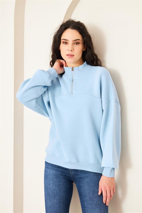 Camenta Mavi Dik Yaka Fermuarlı Kadın Sweatshirt
