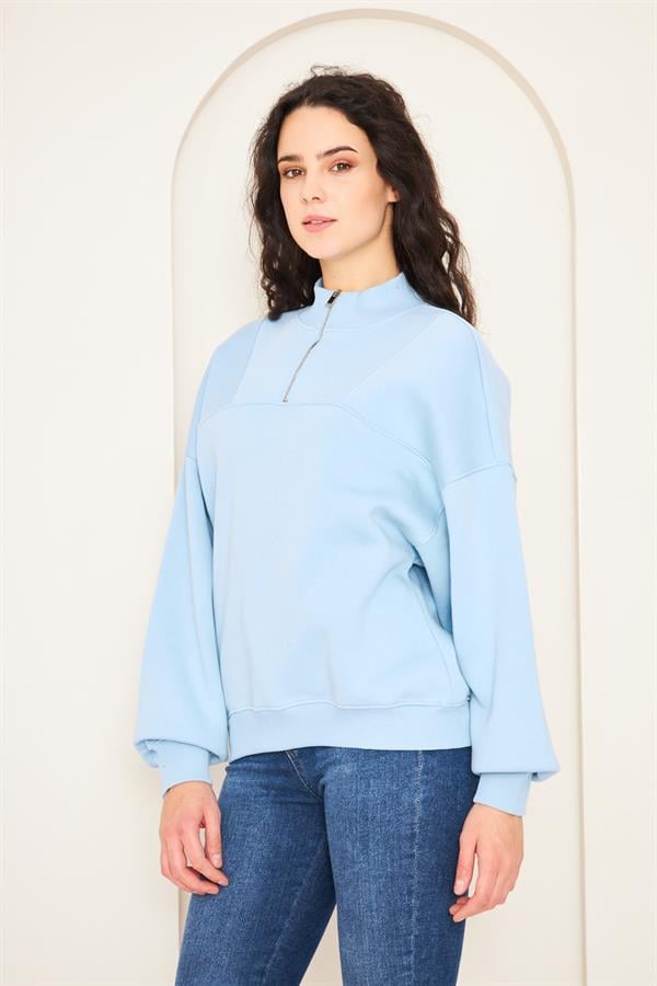 Camenta Mavi Dik Yaka Fermuarlı Kadın Sweatshirt