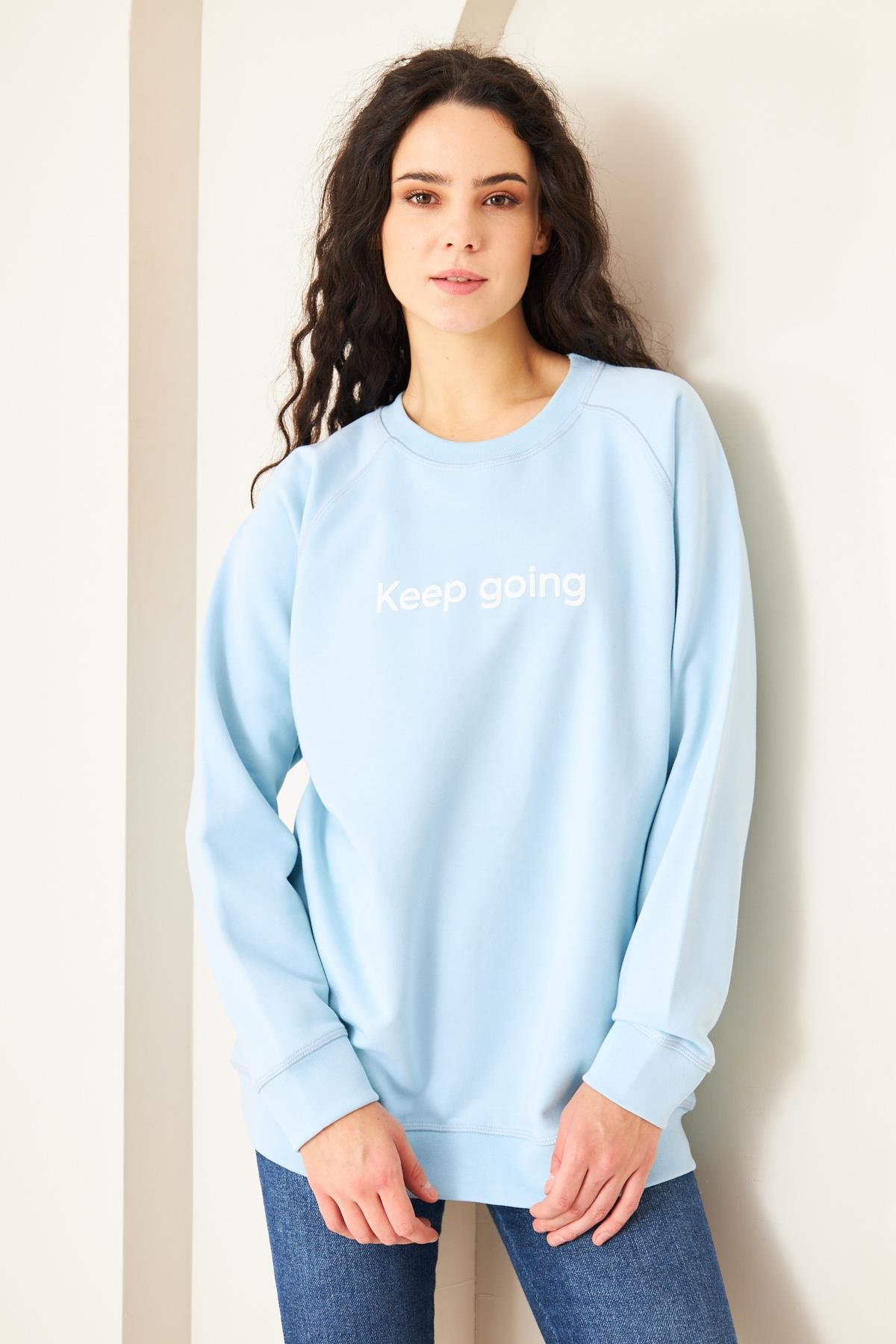 Camenta Mavi Keep Going Baskılı Oversize Kadın Sweatshirt