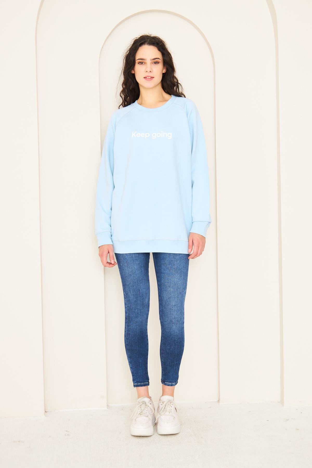 Camenta Mavi Keep Going Baskılı Oversize Kadın Sweatshirt