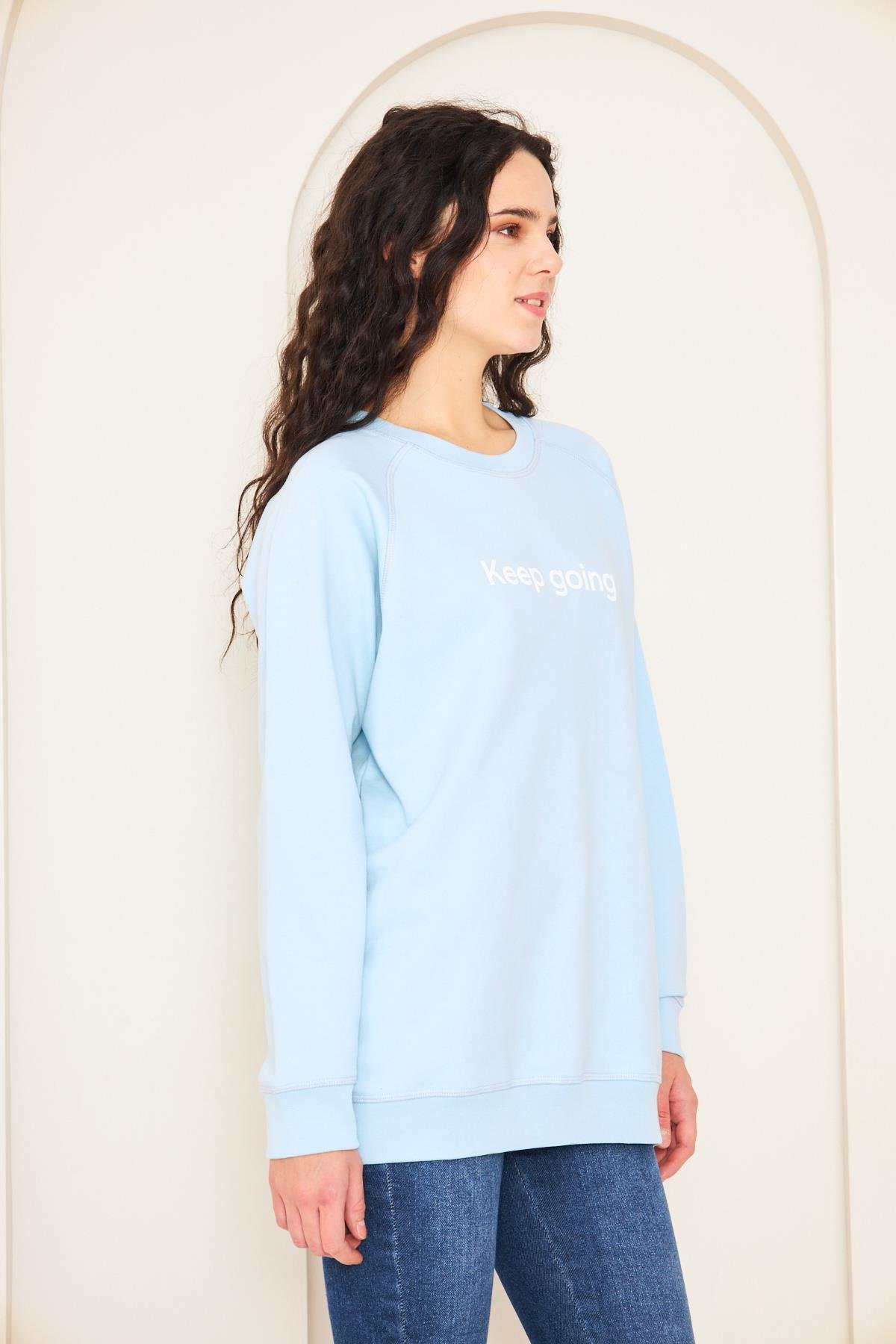 Camenta Mavi Keep Going Baskılı Oversize Kadın Sweatshirt
