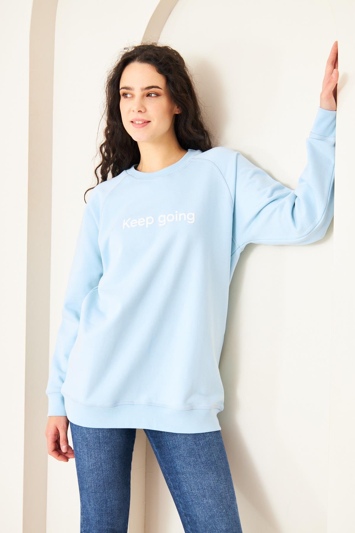 Camenta Mavi Keep Going Baskılı Oversize Kadın Sweatshirt