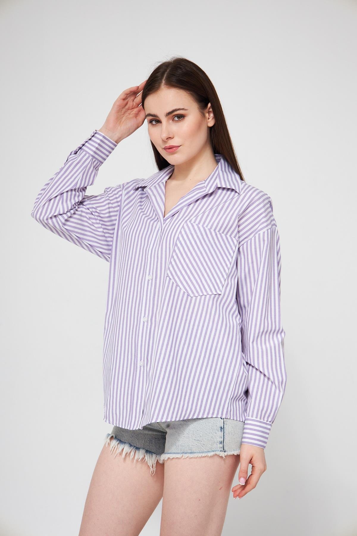 Camenta Mor Beyaz Çizgili Poplin Gömlek