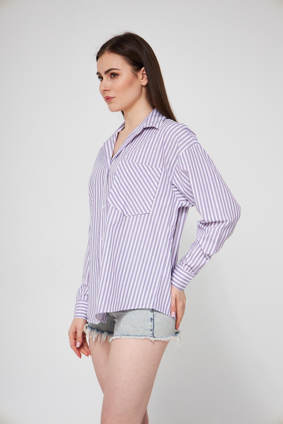 Camenta Mor Beyaz Çizgili Poplin Gömlek