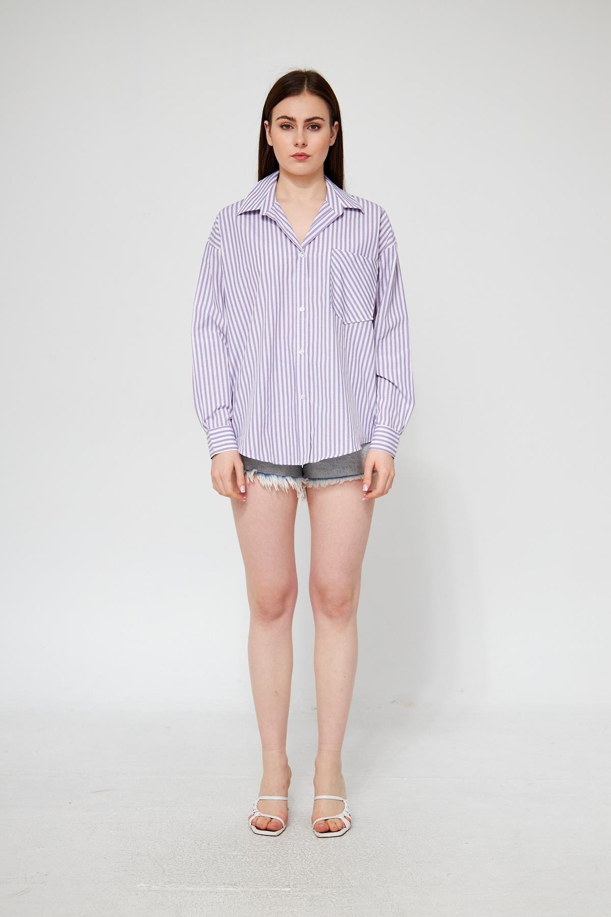 Camenta Mor Beyaz Çizgili Poplin Gömlek