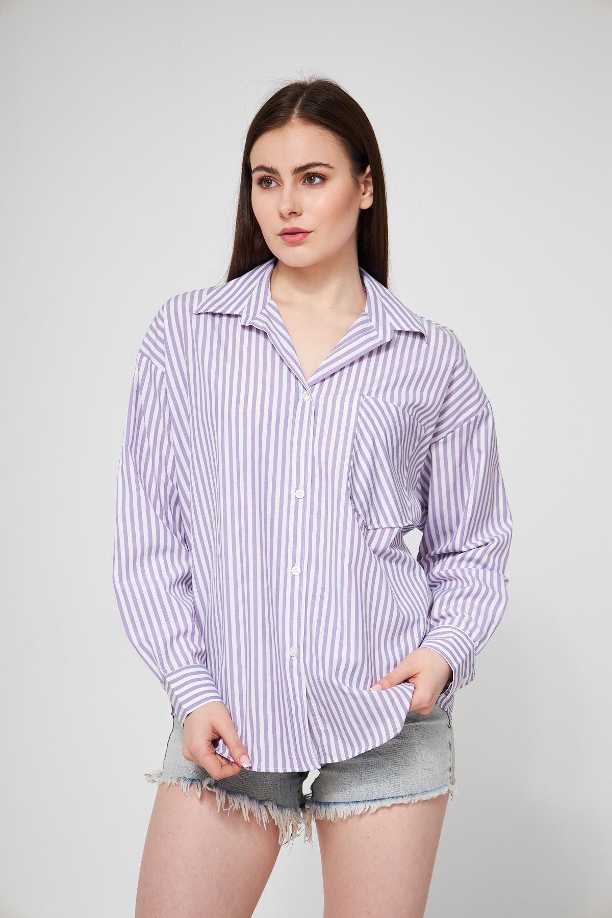 Camenta Mor Beyaz Çizgili Poplin Gömlek