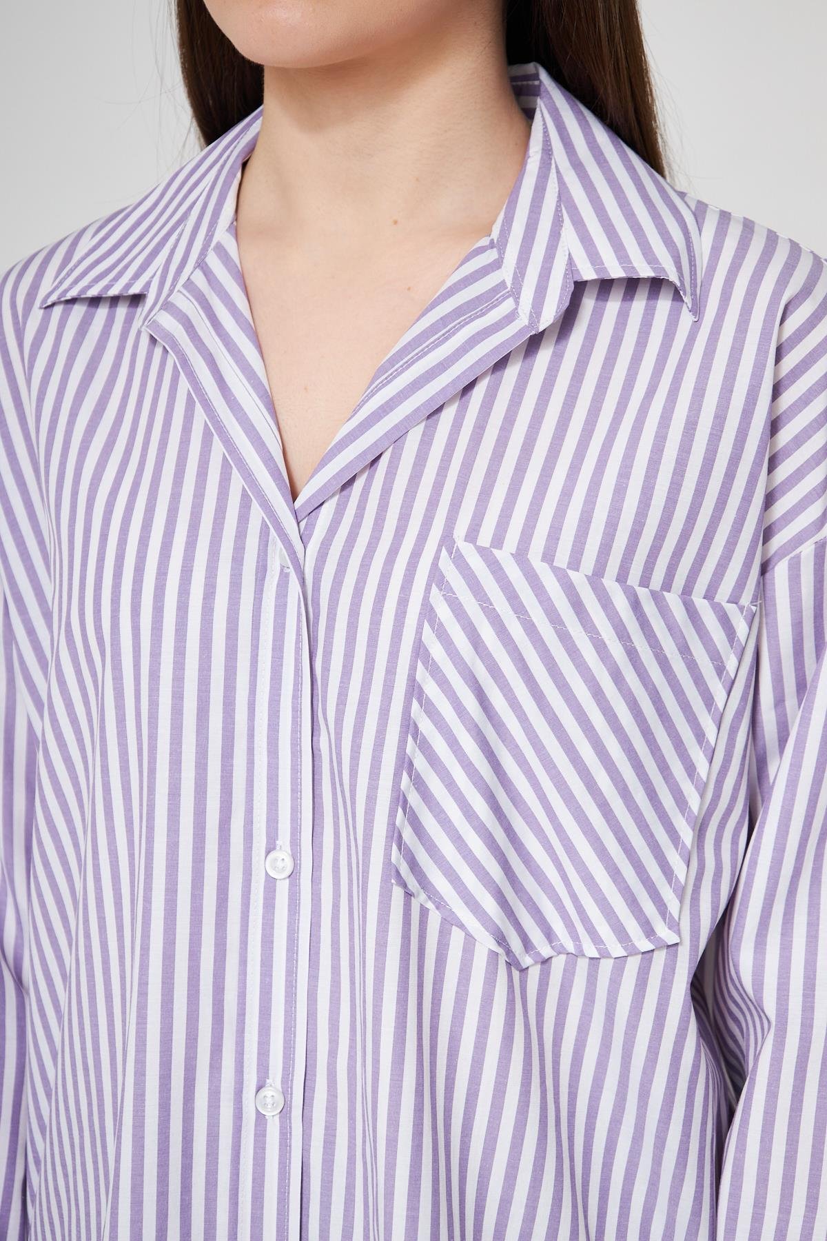 Camenta Mor Beyaz Çizgili Poplin Gömlek