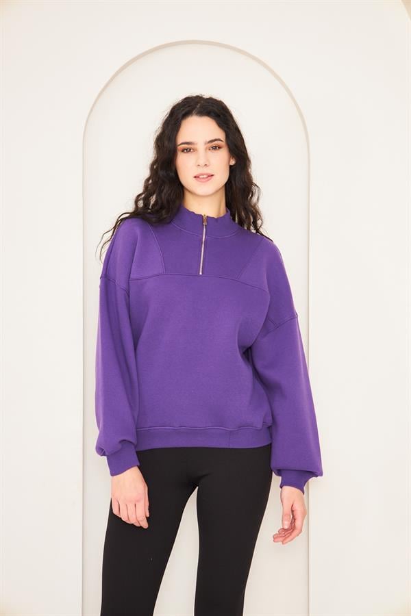 Camenta Mor Dik Yaka Fermuarlı Kadın Sweatshirt