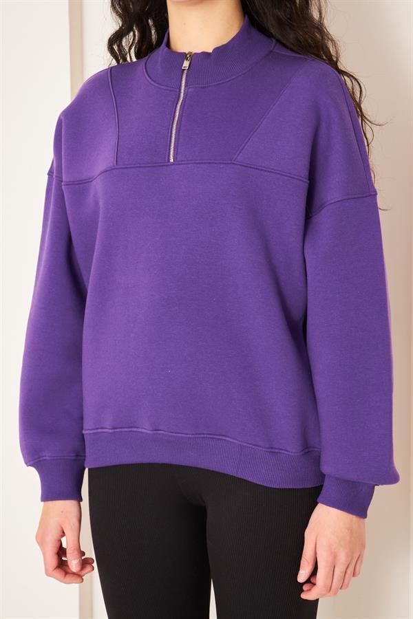 Camenta Mor Dik Yaka Fermuarlı Kadın Sweatshirt