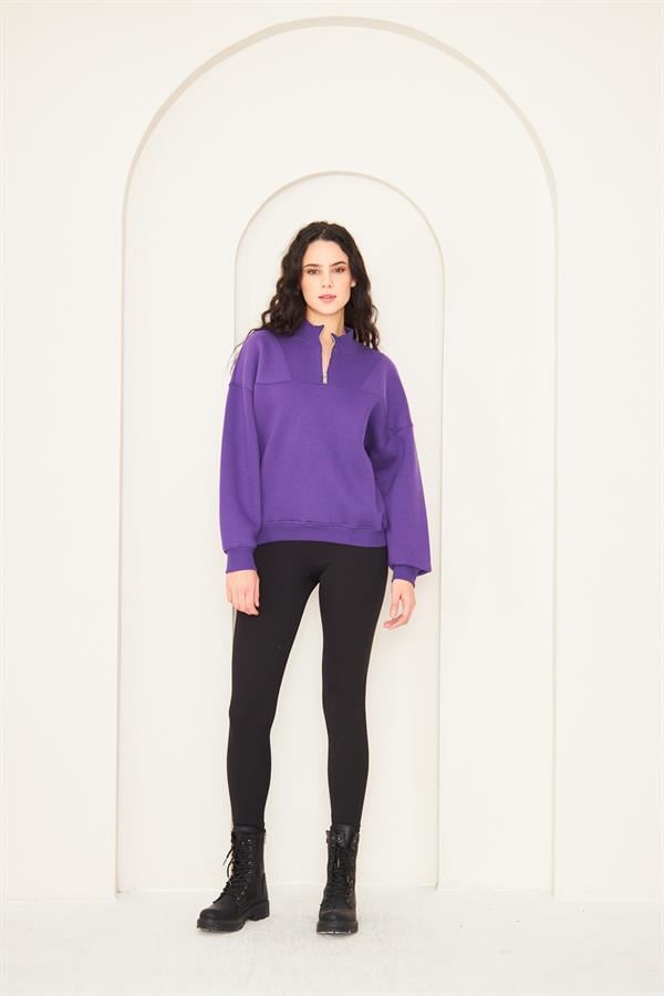 Camenta Mor Dik Yaka Fermuarlı Kadın Sweatshirt