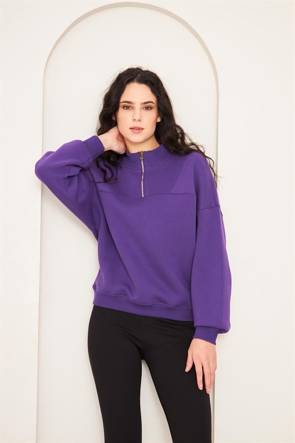 Camenta Mor Dik Yaka Fermuarlı Kadın Sweatshirt