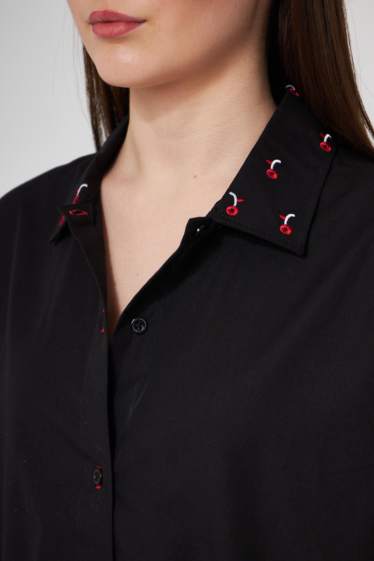 Camenta Nakış Detaylı Siyah Poplin Gömlek