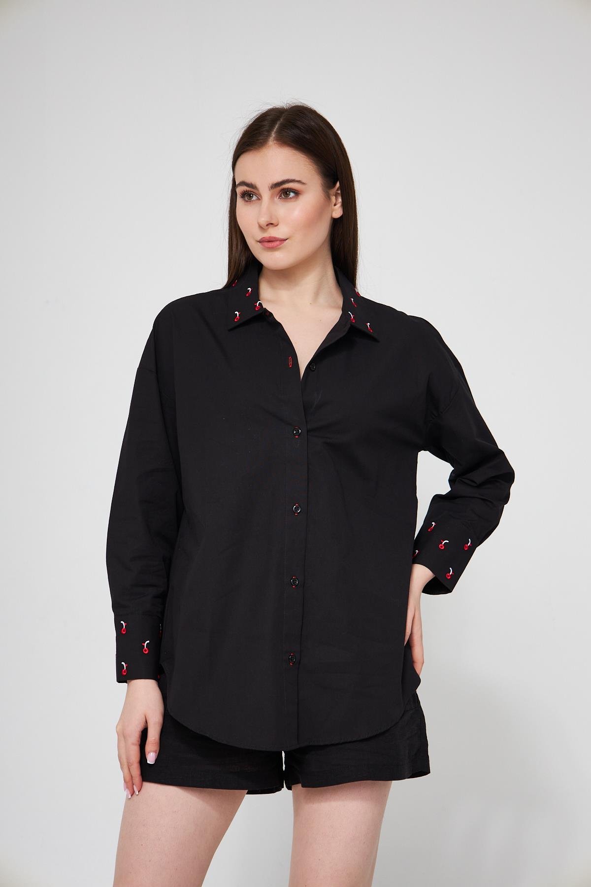 Camenta Nakış Detaylı Siyah Poplin Gömlek