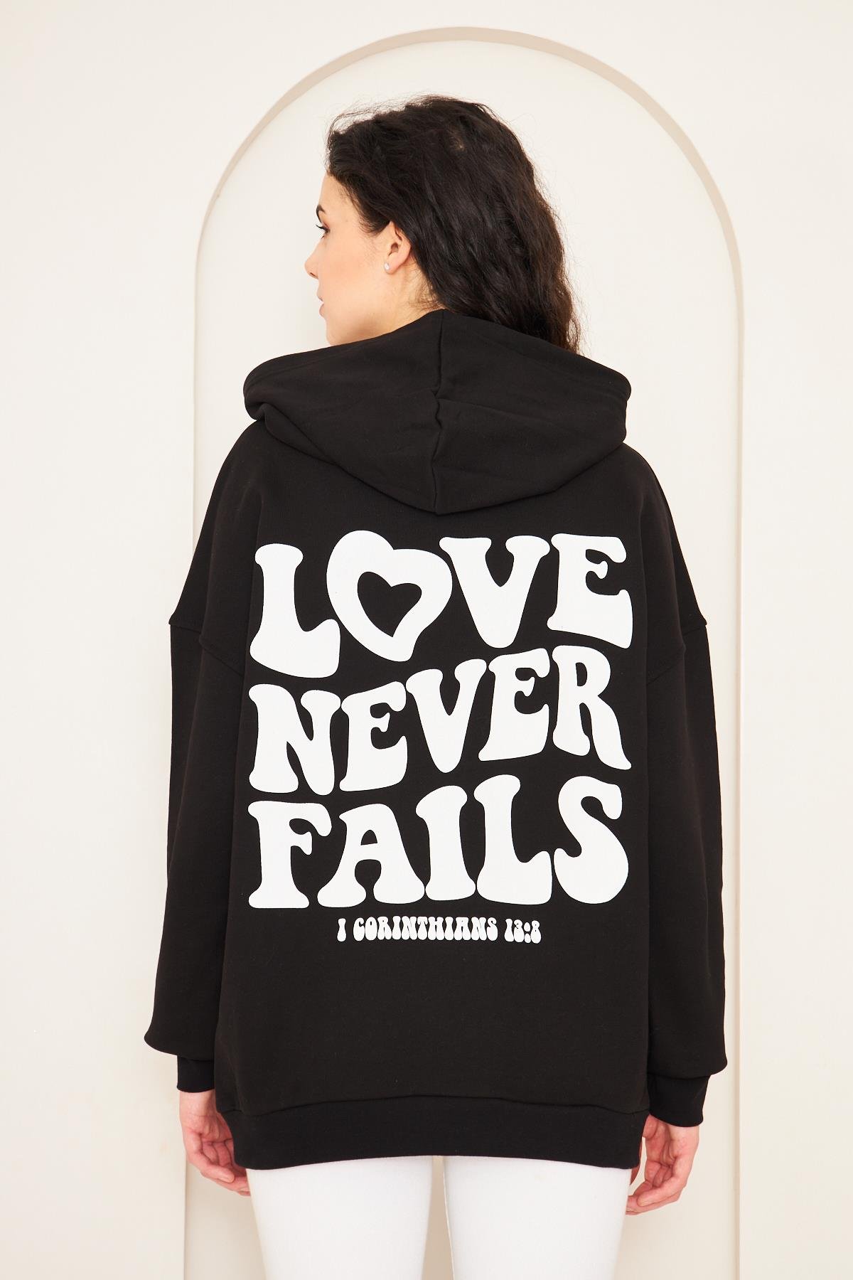 Camenta Siyah 3 İplik Şardonlu Sırt Baskılı Kanguru Cepli Oversize Kadın Sweatshirt