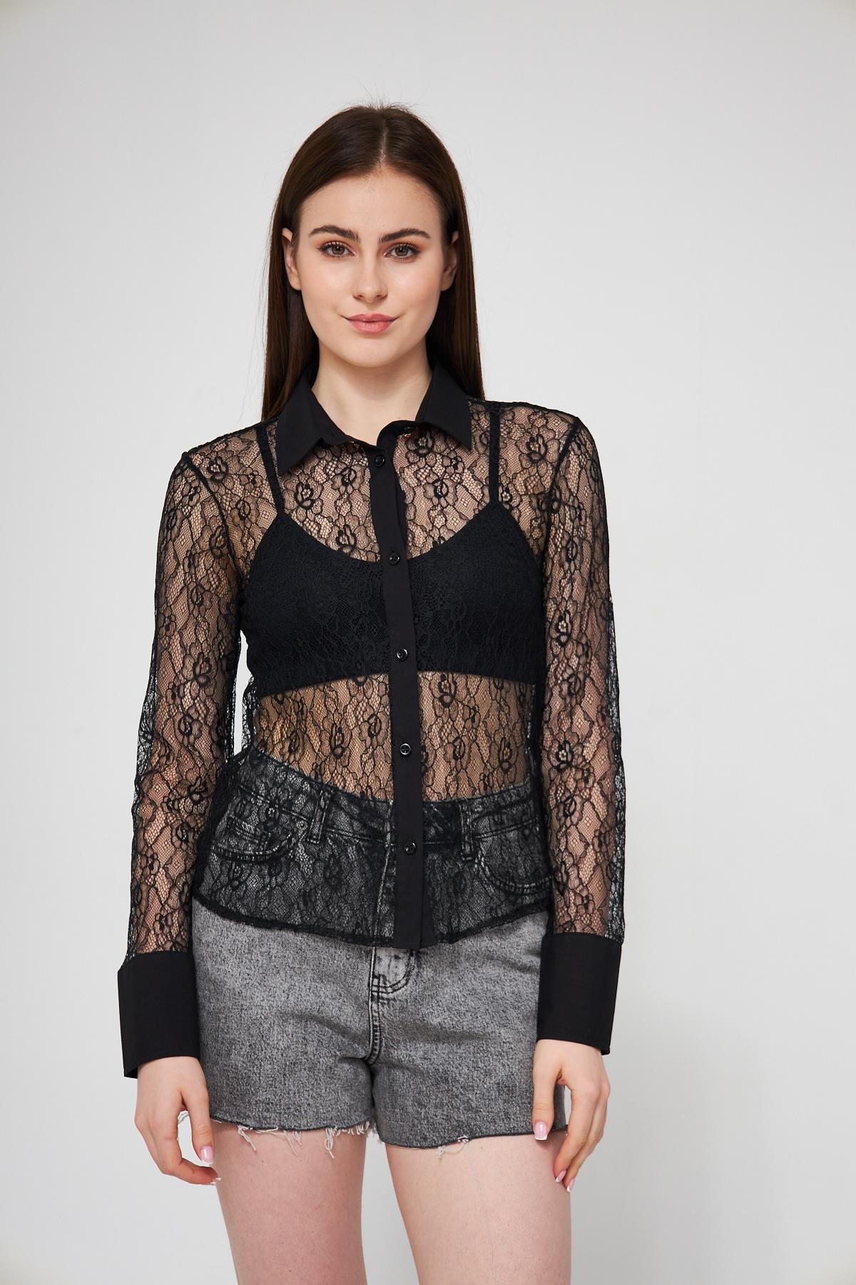 Camenta Siyah Dantelli Transparan Uzun Kollu Gömlek