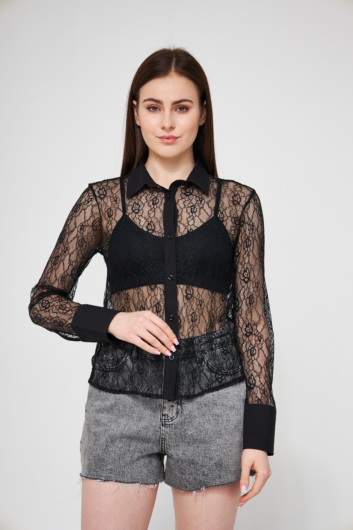 Camenta Siyah Dantelli Transparan Uzun Kollu Gömlek