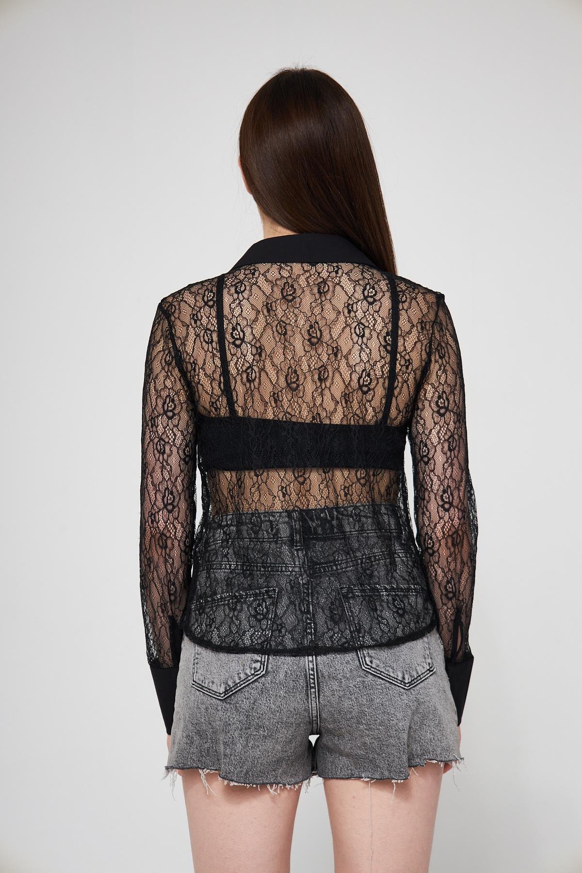 Camenta Siyah Dantelli Transparan Uzun Kollu Gömlek