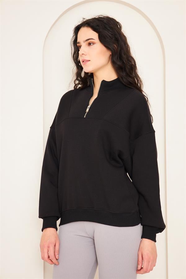 Camenta Siyah Dik Yaka Fermuarlı Kadın Sweatshirt