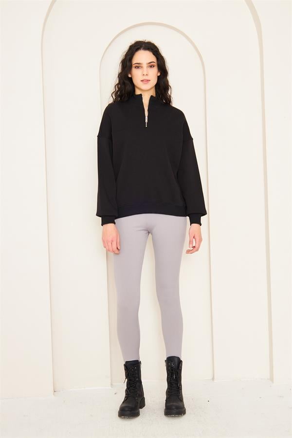Camenta Siyah Dik Yaka Fermuarlı Kadın Sweatshirt