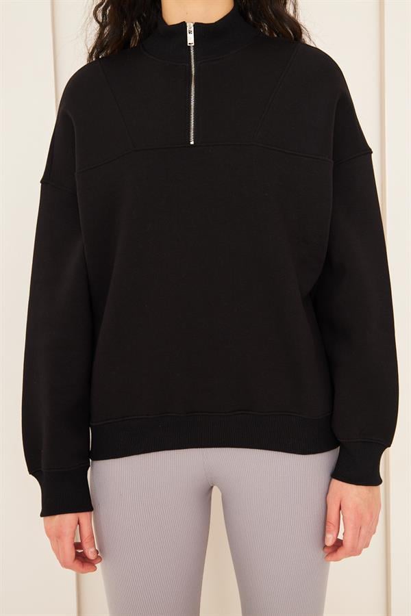 Camenta Siyah Dik Yaka Fermuarlı Kadın Sweatshirt