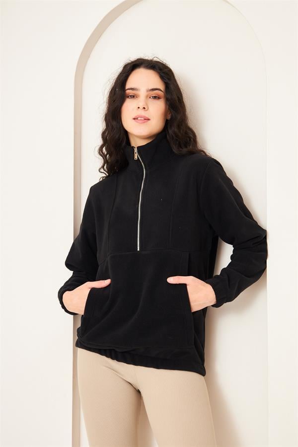Camenta Siyah Kadın Kangru Cepli Polar Sweatshirt