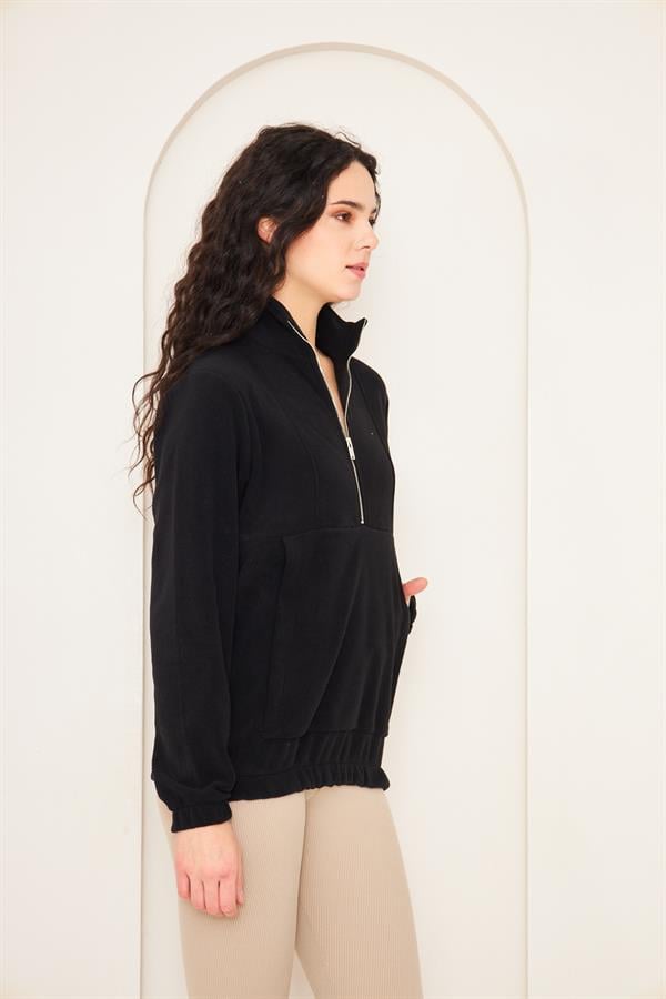 Camenta Siyah Kadın Kangru Cepli Polar Sweatshirt