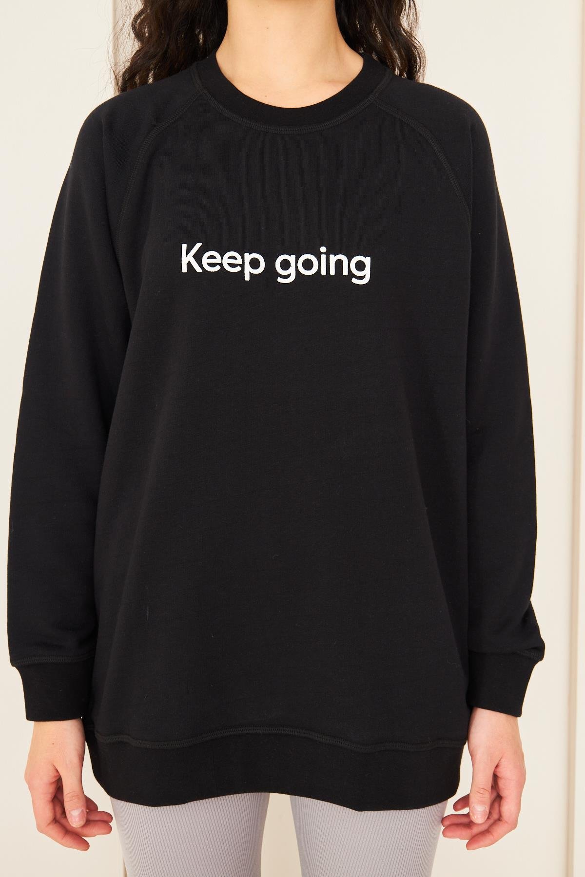 Camenta Siyah Keep Going Baskılı Oversize Kadın Sweatshirt