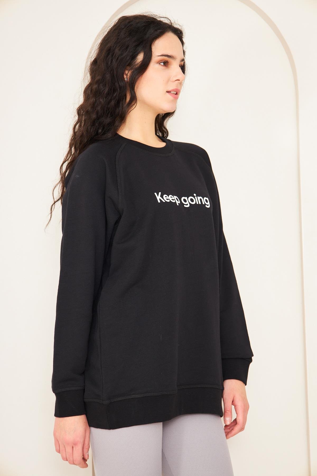 Camenta Siyah Keep Going Baskılı Oversize Kadın Sweatshirt