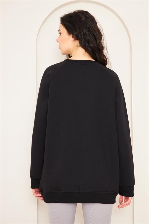Camenta Siyah Oversize Baskılı Kadın Sweatshirt