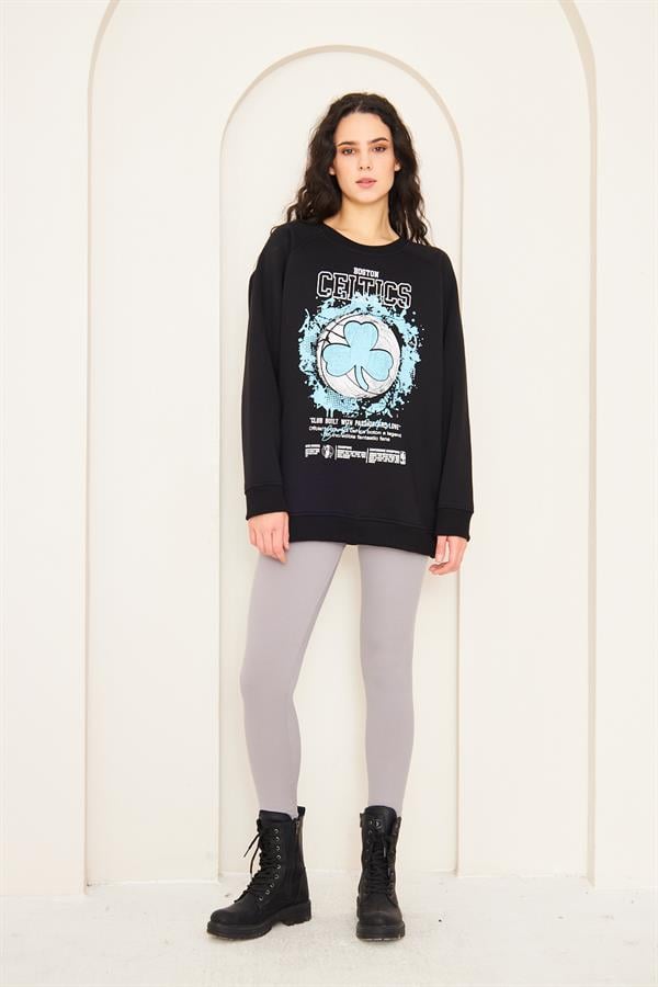 Camenta Siyah Oversize Baskılı Kadın Sweatshirt