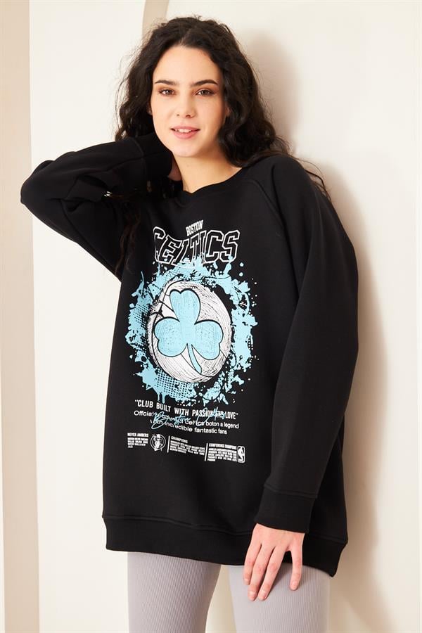 Camenta Siyah Oversize Baskılı Kadın Sweatshirt