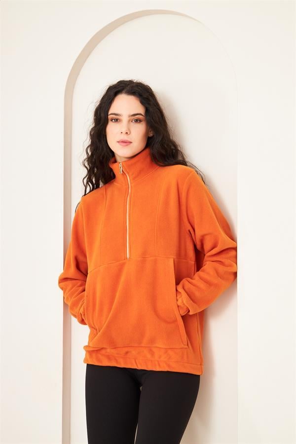 Camenta Turuncu Kadın Kangru Cepli Polar Sweatshirt