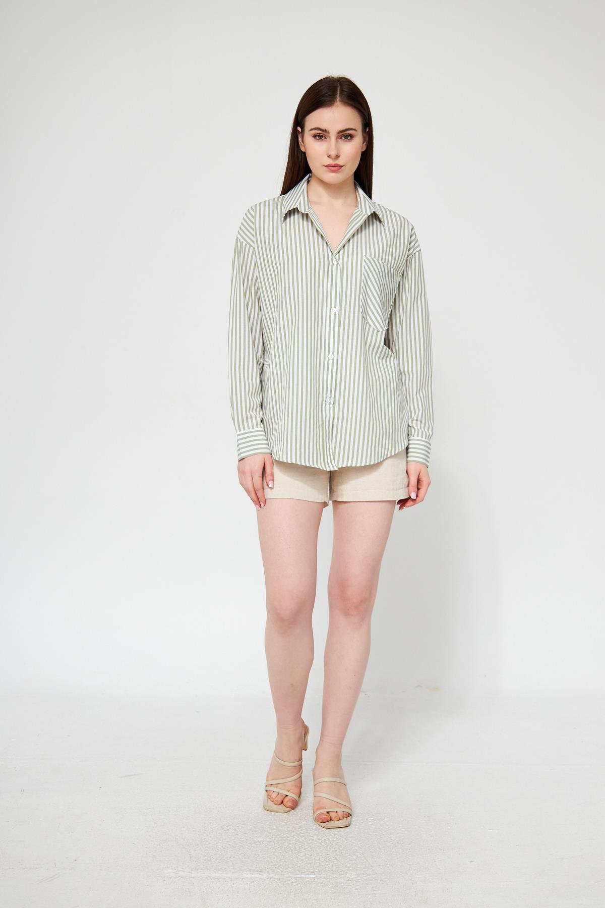 Camenta Yeşil Beyaz Çizgili Poplin Gömlek