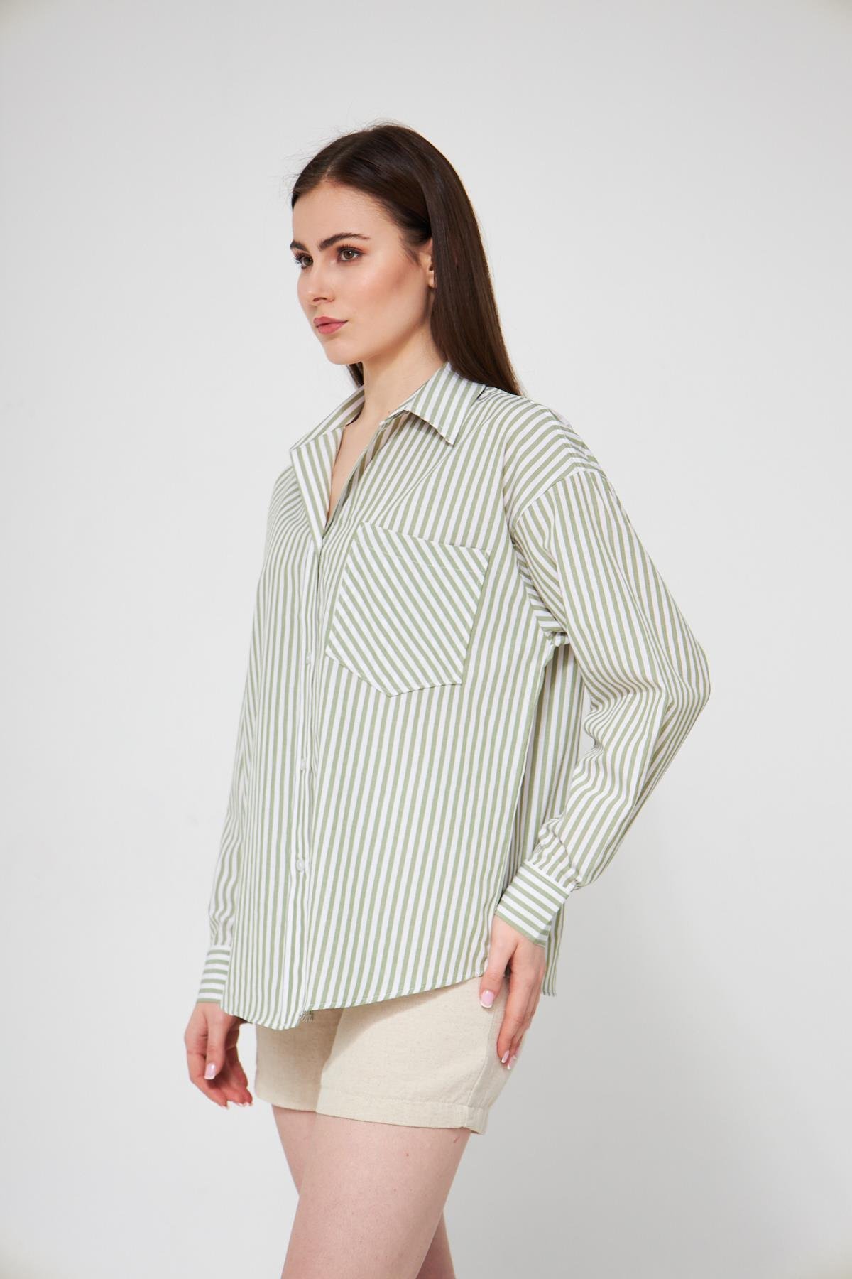 Camenta Yeşil Beyaz Çizgili Poplin Gömlek