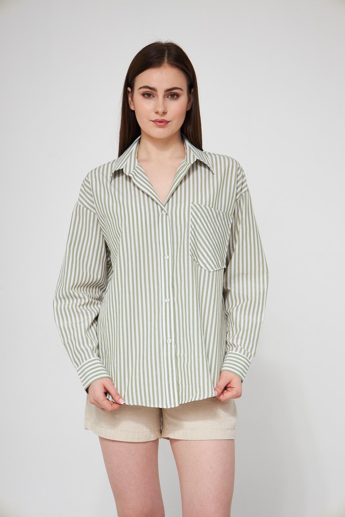 Camenta Yeşil Beyaz Çizgili Poplin Gömlek