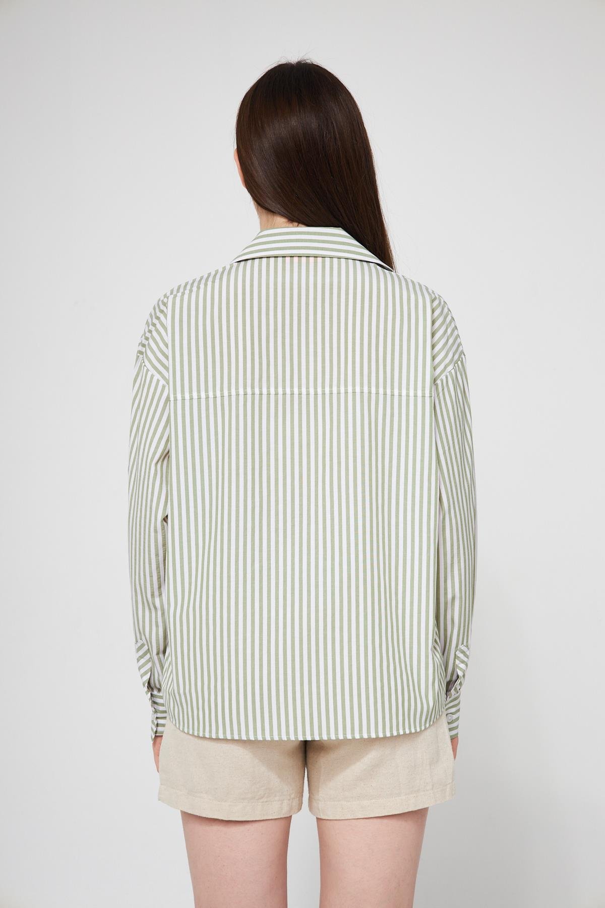 Camenta Yeşil Beyaz Çizgili Poplin Gömlek