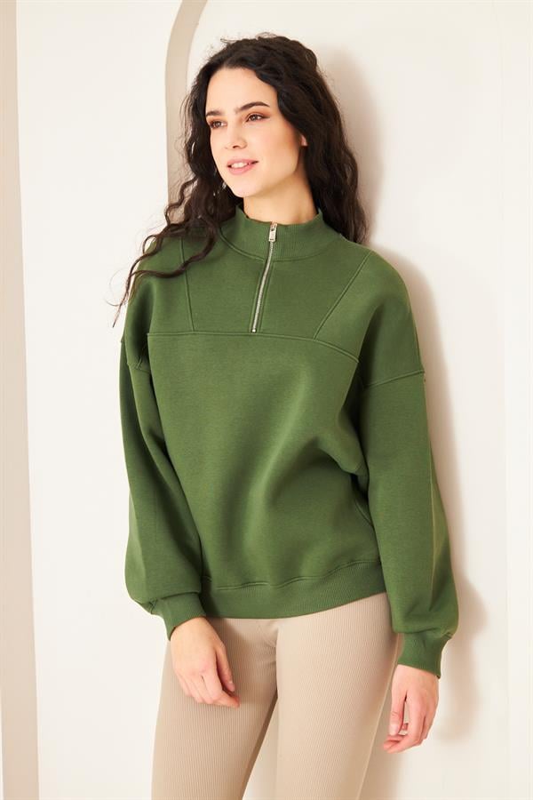Camenta Yeşil Dik Yaka Fermuarlı Kadın Sweatshirt