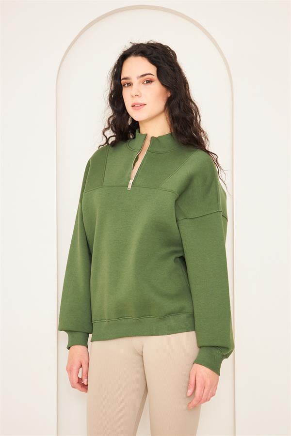 Camenta Yeşil Dik Yaka Fermuarlı Kadın Sweatshirt