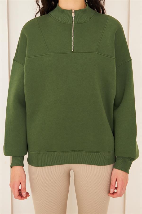 Camenta Yeşil Dik Yaka Fermuarlı Kadın Sweatshirt