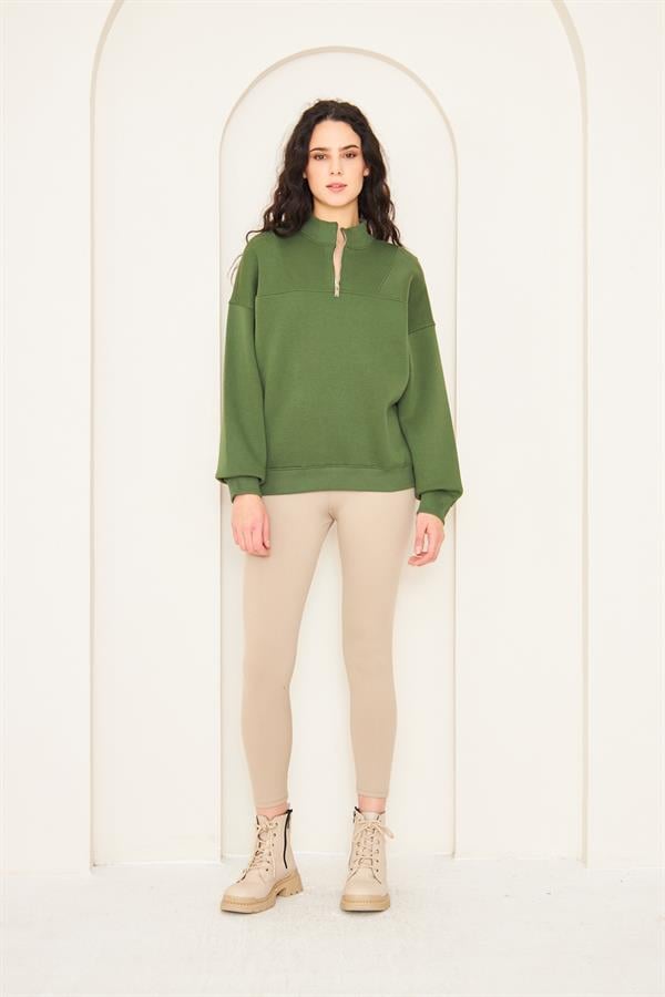 Camenta Yeşil Dik Yaka Fermuarlı Kadın Sweatshirt