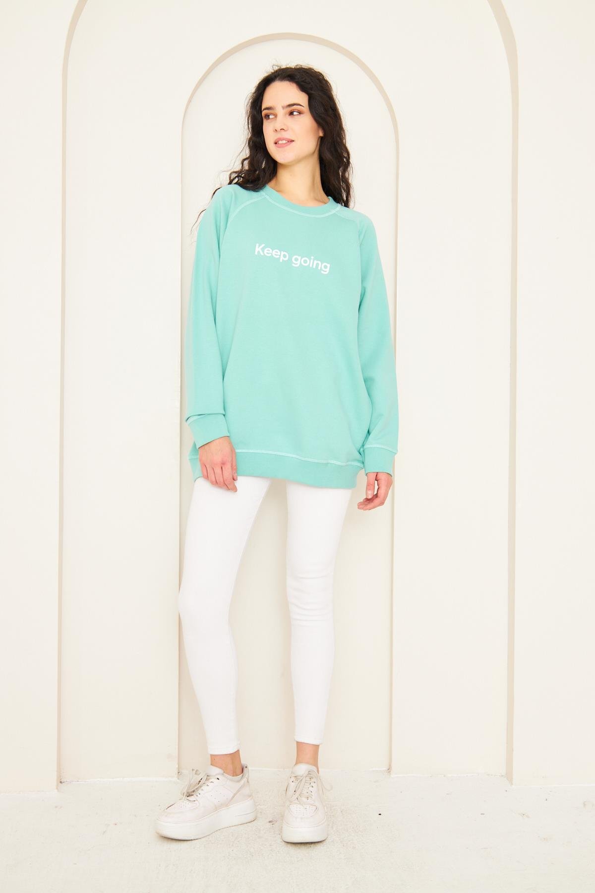 Camenta Yeşil Keep Going Baskılı Oversize Kadın Sweatshirt