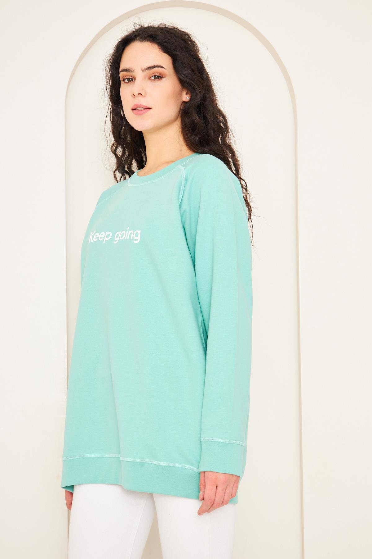 Camenta Yeşil Keep Going Baskılı Oversize Kadın Sweatshirt