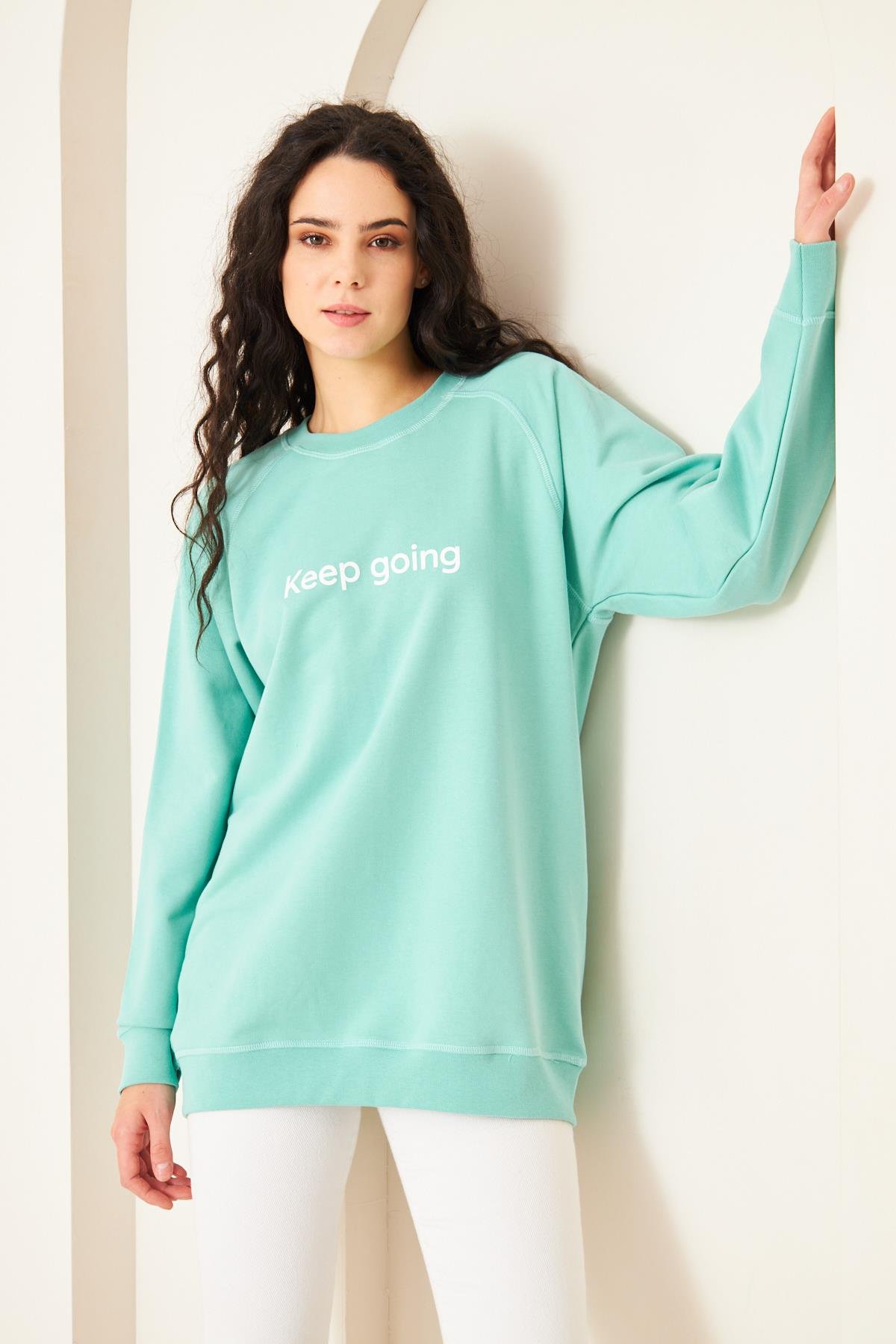 Camenta Yeşil Keep Going Baskılı Oversize Kadın Sweatshirt